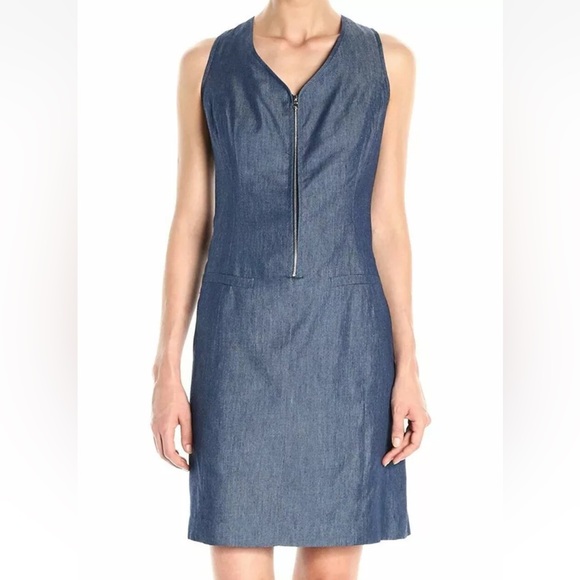 Nine West Chambray Denim Sleeveless Sheath Mini Dress Denim Silver Zip Front - Picture 1 of 13